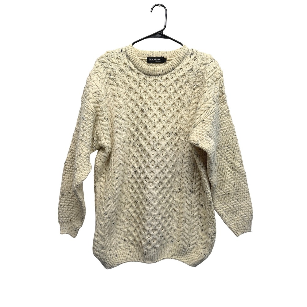 Mackinnon of Scotland Wool Fisherman Sweater Cream Cable Knit Donegal Large